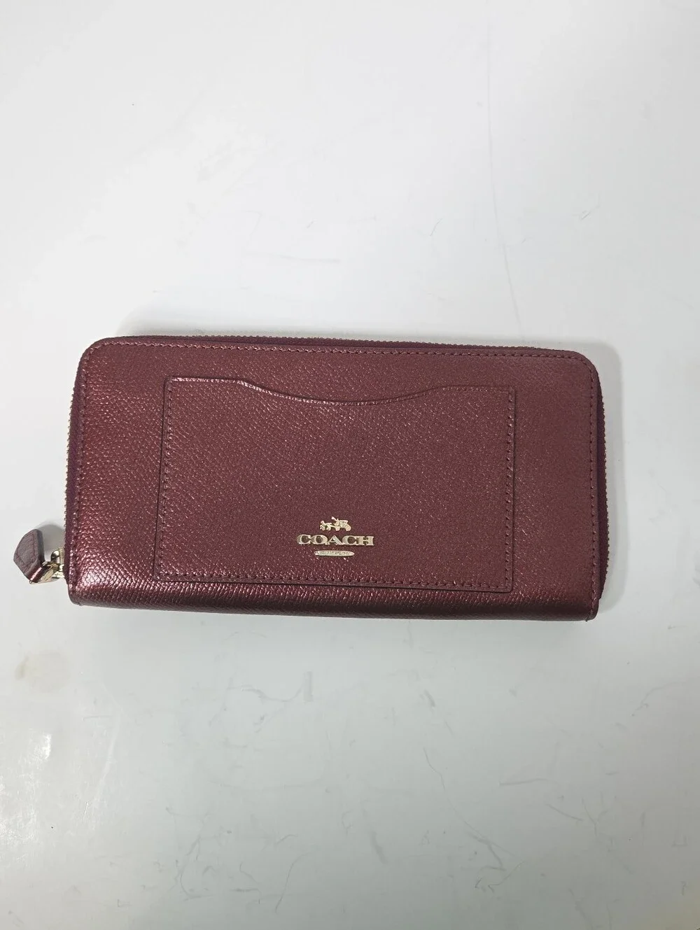 coach f54007 accordian zip around wallet metallic cherry wine front card pocket
